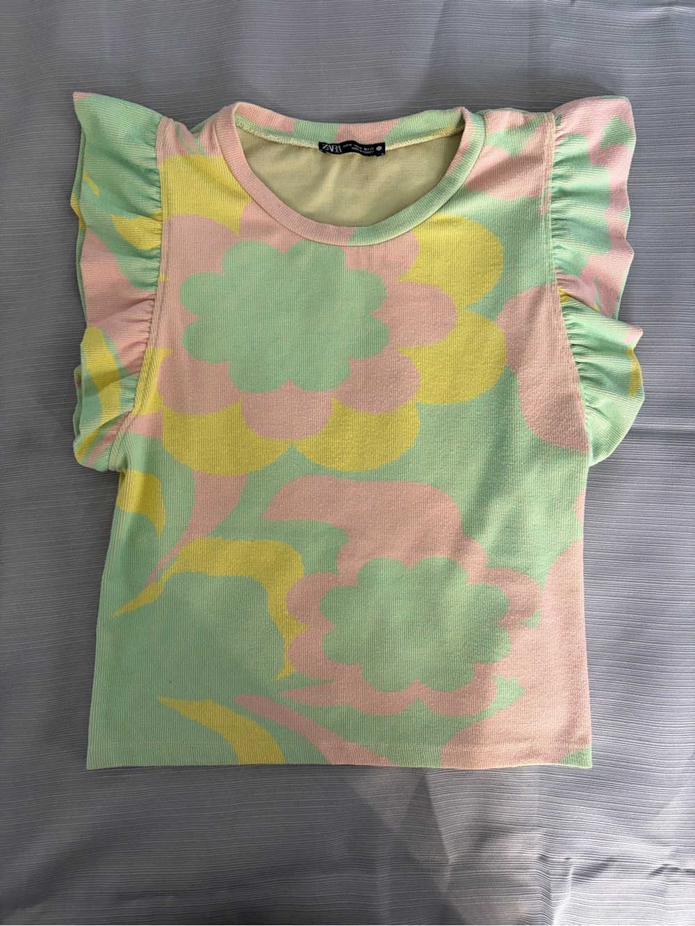 Zara Pastel Floral Ruffle-Sleeve Tee - Mint, Pink & Yellow